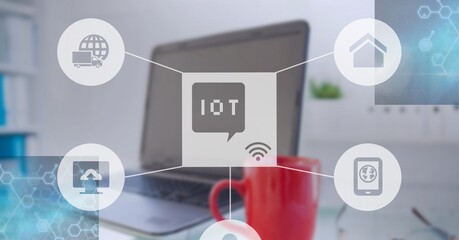 Composition of iot icon with network of connections over laptop