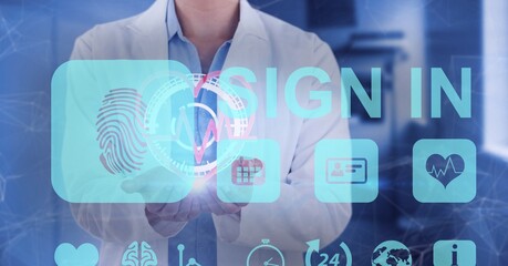 Composition of medical icons over female doctor holding virtual scope scanning