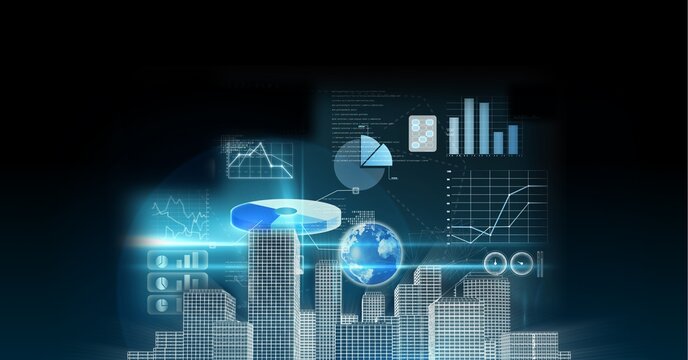 Statistical data processing over 3d city model against black background
