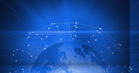 Digitally generated image of network of connections over globe against blue background