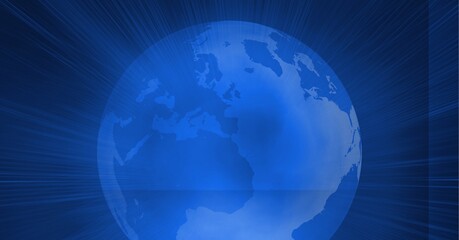Digitally generated image of light trails over globe against blue background
