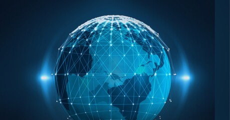 Digitally generated image of network of connections over globe against blue background