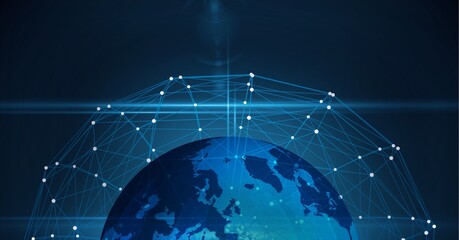 Digitally generated image of network of connections over globe against blue background