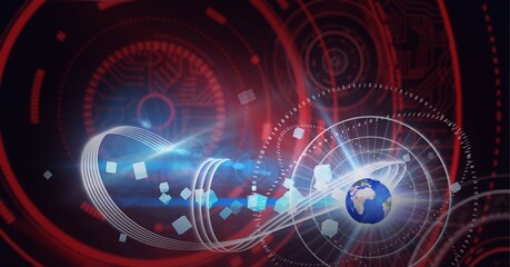 Digitally generated image of multiple round scanners over globe against black background