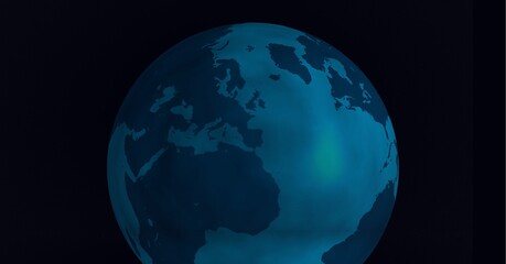 Digitally generated image of blue spot of light over globe against black background