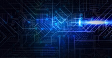 Digitally generated image of glowing blue microprocessor connections against black background