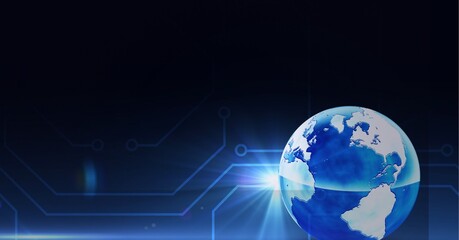 Fototapeta premium Digitally generated image of microprocessor connections over globe against black background