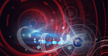 Blue microprocessor connections and round scanner over globe against black background