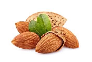 Almonds with leaves in closeup isolated on white background. Nuts isolated.