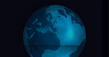 Digitally generated image of blue spot of light over globe against black background