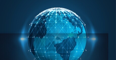 Digitally generated image of network of connections over globe against blue background