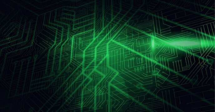 Digitally generated image of glowing green microprocessor connections against black background