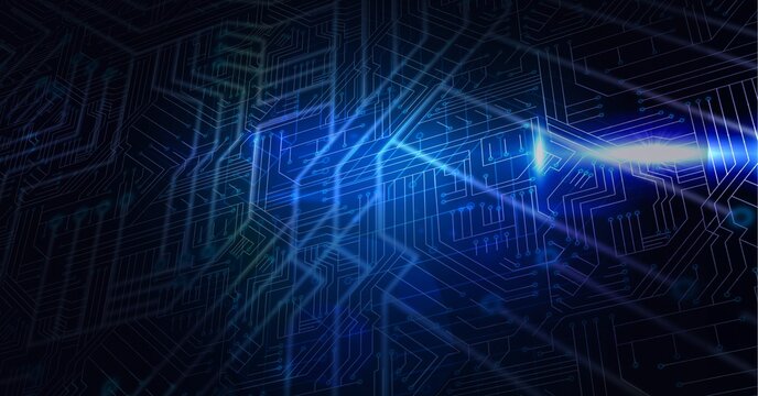 Digitally generated image of glowing blue microprocessor connections against black background © vectorfusionart