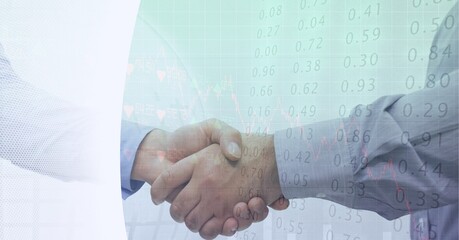 Stock market data processing against mid section of two businessmen shaking hands