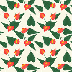 Seamless botanical pattern with red flowers . Red anthurium with leaves