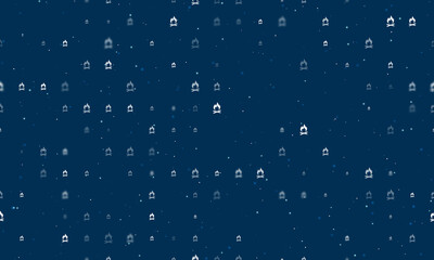 Seamless background pattern of evenly spaced white bonfire symbols of different sizes and opacity. Vector illustration on dark blue background with stars