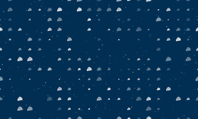 Seamless background pattern of evenly spaced white cheese symbols of different sizes and opacity. Vector illustration on dark blue background with stars