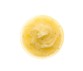 Bowl of yellow body scrub isolated on white, top view