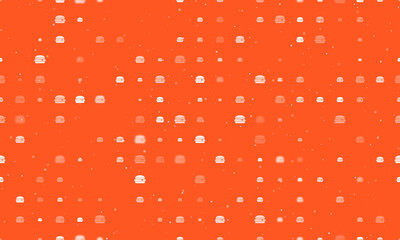 Seamless background pattern of evenly spaced white hamburger symbols of different sizes and opacity. Vector illustration on deep orange background with stars