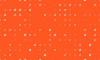 Seamless background pattern of evenly spaced white real estate location symbols of different sizes and opacity. Vector illustration on deep orange background with stars