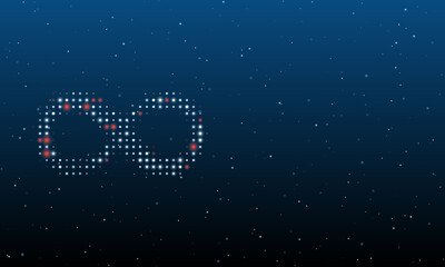 On the left is the infinity symbol filled with white dots. Background pattern from dots and circles of different shades. Vector illustration on blue background with stars