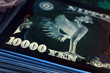 A bundle of 10,000 yen Japanese bills. The reverse of the banknote with the Phoenix bird close-up. Inverted expressive ominous illustration about money, finance and the economy of Japan. Macro