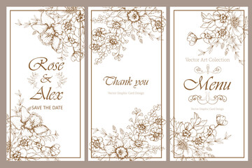 Wedding set of invitations, cards, menus with contour design from flowers. Vector illustration.
