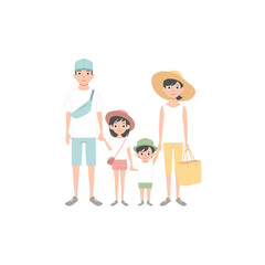 Family Travelling, Father, Mother Daughter and Son Going on Vacation. Family portrait. Vector illustration in cartoon style isolated on white.