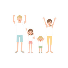 Naklejka premium Family portrait. Happy family standing together with raised hands. Smiling parents and child isolated on white background. Colorful vector illustration in flat style