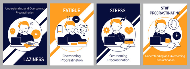 Procrastination brochures icons. Laziness and stress, fatigue and stop procrastinating. Flyers, magazines, posters,booklets. Overwhelmed infographic concept.Layouts illustrations pages with icons