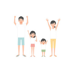 Fototapeta premium Family portrait. Happy family standing together with raised hands. Smiling parents and child isolated on white background. Colorful vector illustration in flat style