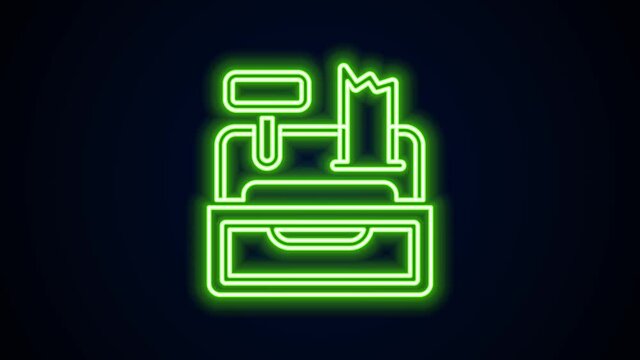 Glowing neon line Cash register machine with a check icon isolated on black background. Cashier sign. Cashbox symbol. 4K Video motion graphic animation