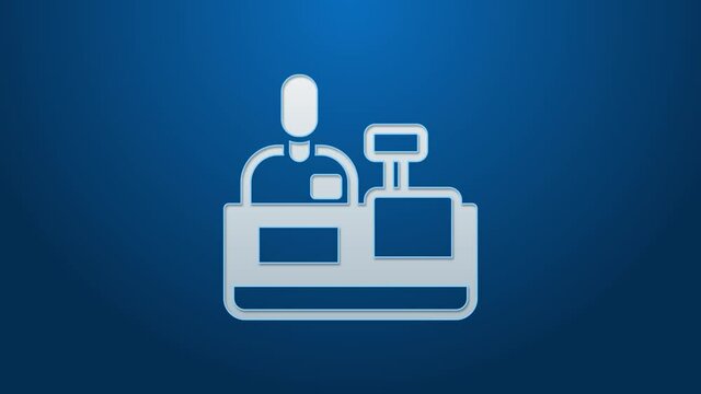 White line Cashier at cash register supermarket icon isolated on blue background. Shop assistant, cashier standing at checkout in supermarket uniform. 4K Video motion graphic animation
