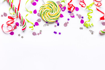 birthday party set with confetti on white background top view mock up