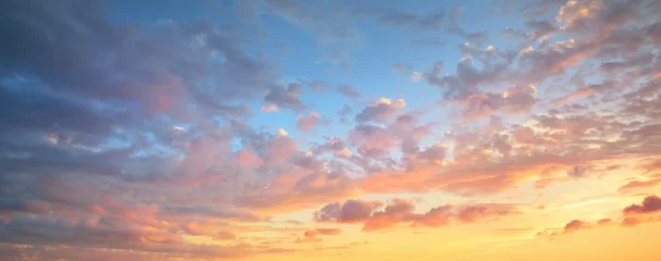 Fotobehang Heldere blauwe lucht. gloeiende roze en gouden cirrus en cumulus wolken na storm, zacht zonlicht. Dramatische zonsondergang cloudscape. Meteorologie, hemel, vrede, grafische bronnen, schilderachtig panoramisch landschap © Aastels