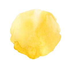 Yellow brush stroke in the form of a watercolor circle on a white background. Figure created in the technique of hand sketch.  Warm summer. Sun