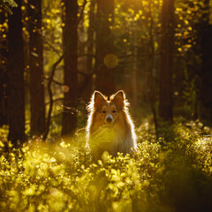 Happy dog in a forest. Shetland sheepdog is sitting on a grass.