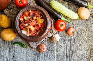 Mixed vegetable dish cooked in earthen casserole, traditional turkish food