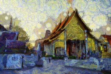 Ancient temples, art and architecture in the northern Thai style Illustrations creates an impressionist style of painting.