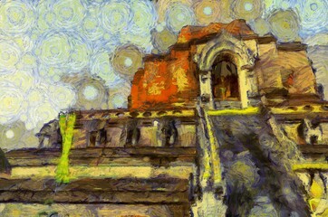 Ancient pagoda Illustrations creates an impressionist style of painting.