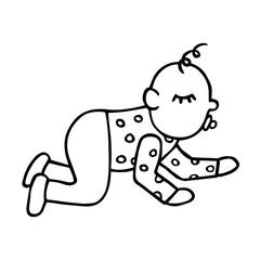 Funny little crawling baby boy with pacifier on white background. Black outline hand drawn sketch, doodle style. Comic vector element for motherhood, growth process illustration, children design.