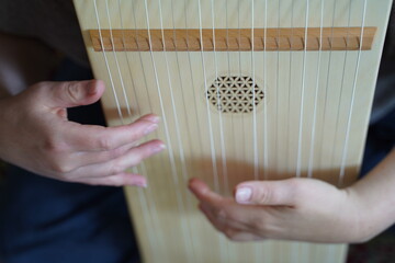 Caucasian woman holding a monochord, sound healing instrument in a therapy session, hands close up.