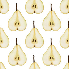 Pear seamless pattern. Half cut pear isolated on white. Hand drawn watercolour illustration 