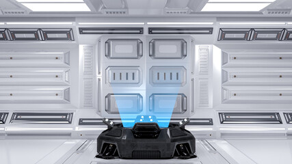 Blank blue hologram projector machine in futuristic sci fi room for mock up, 3d rendering © G3D Studio