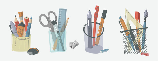 Desk organizer for utilities. Organizer office and school supplies. Flat design. Writing equipment. pen, pencil and ruler holder. All you need for school. Cartoon