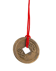 Old chinese coin fortune traditional with red rope isolated on the white background