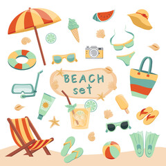 Set of summer beach objects. Collection of flat vector elements for beach holidays. Isolated on white background.