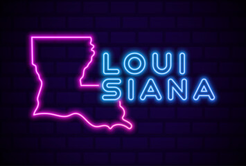 louisiana US state glowing neon lamp sign Realistic vector illustration Blue brick wall glow