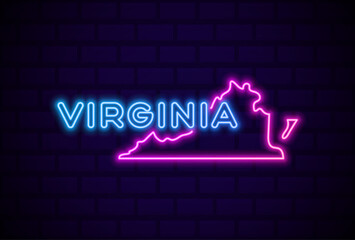 virginia US state glowing neon lamp sign Realistic vector illustration Blue brick wall glow
