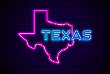 texas US state glowing neon lamp sign Realistic vector illustration Blue brick wall glow - obrazy, fototapety, plakaty